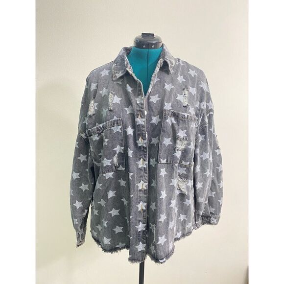 POL Denim Jacket Distressed Oversized Loose Fit Gray White Stars Y2K Size L - Picture 1 of 8